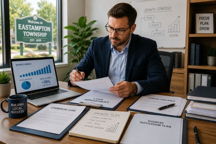 small business owner reviewing commercial contracts at a modern office in Eastampton Township